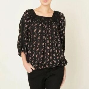 Denim & Supply Ralph Lauren Black Floral Boho Peasant Lace‎ Blouse Sz L B44